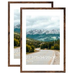QOTIB Wood 22.375x34 Picture Frame with 20x30 Mat, Display 20x30 with Mat or 22.375x34 Without Mat, Wood 22.375 by 34 Photo Frame, 22.375 x 34 Frame for Wall Hanging Display, Deep Brown