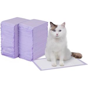 Amazon Basics Cat Pee Pads, Odor Control, Super Absorbent, Disposable, Universal Fit for Litter Box, Unscented, Multi-Cat, White/Purple, 80 Count