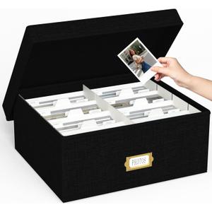Decorative Photo Storage Box - Linen Photo Box Organizer with Dividers, Fits Holds Up to 1700 Pictures and 4x6 Photos, Memory Keepsake Organizer for Photos, Scrapbook Supplies, Cards, Stamps (Black)