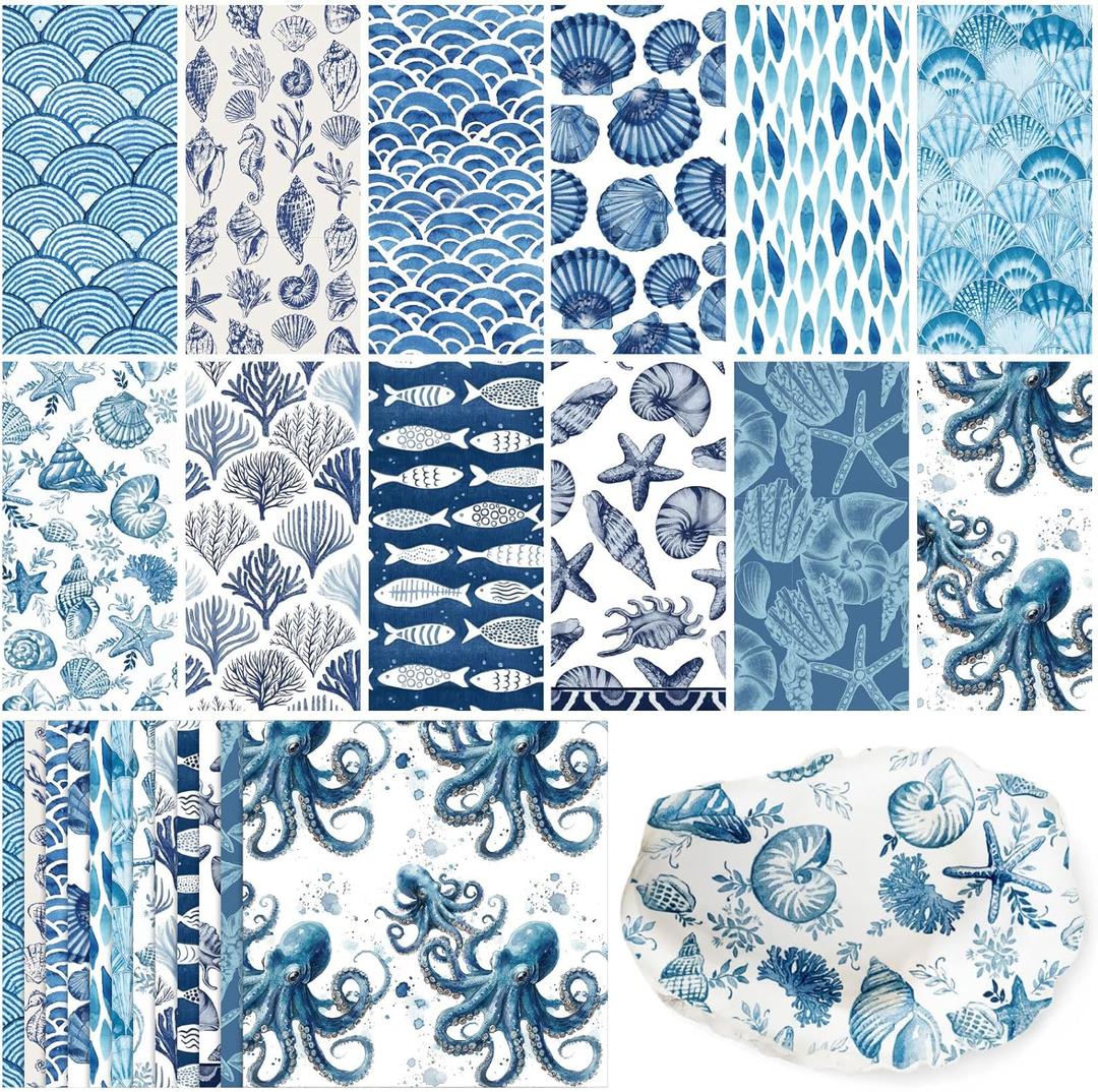 Glenmal 120 Pack Coastal Beach Blue Style Decoupage Paper Napkins, 12 Styles Decorative Cocktail Napkins for DIY Crafting Guest Tea Party Scrapbook Holiday Birthday Wedding Baby Shower, 13 Inch