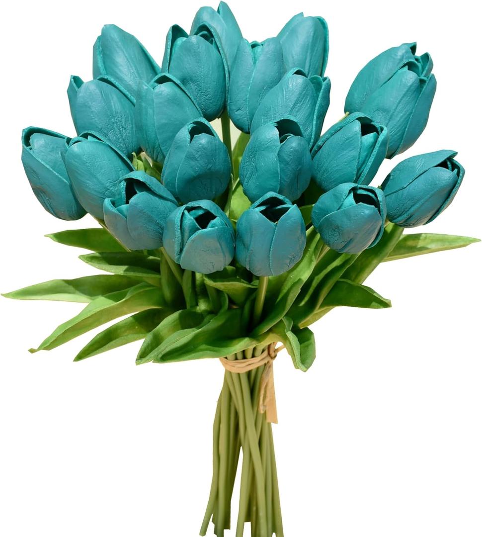 Mandy's Artificial Tulips 20 Stems Teal PU Faux Flowers for Valentine's Day and Easter Decorations Wedding Home Decor 13.5 Inch