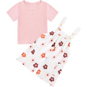 Toddler Baby Girl Summer Outfit Short Sleeve Ribbed Tops + Flower Suspender Overalls Shorts Set Kids Cute Clothes (Pink), 12-18