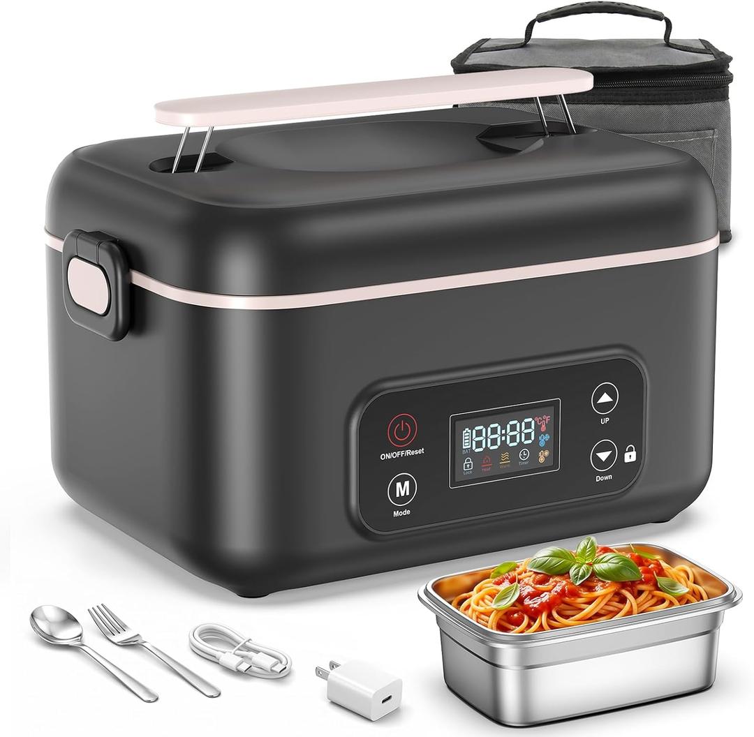 Cordless Electric Lunch Box, 24000mAh Rechargeable Food Warmer with 5-Sided Heating, 1.3L Portable Self Heating Lunch Box with Smart Timer & Lock Screen for Work, Car, Truck, Camping