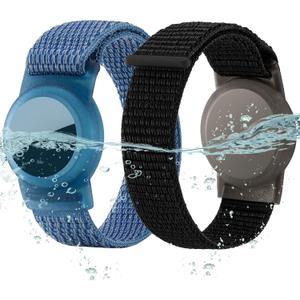 Waterproof Bracelet for Airtag (Gen 1 & 2) Kids 2 Pack, Soft Nylon Hidden Air Tag Wristband Full Cover Lightweight GPS Holder Compatible with Apple AirTag Band for Toddler Child (Black & Blue)