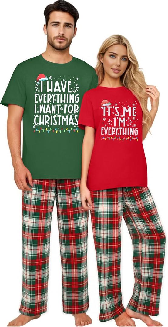 LUKYCILD Christmas Pjs Matching Sets for Couples/Adults holiday Xmas Printed Top and Plaid Pants Sleepwear Pajamas (S)