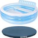 Intex Swim Center Inflatable Above Ground Outdoor Round Family Swimming Pool with Built-in Relaxing Bench, Cupholders & Secure Vinyl Pool Cover, Blue
