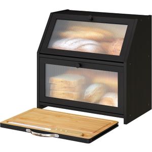 Extra Large Bread Box with Cutting Board Bamboo Wood Bread Box for Kitchen Counter, Double Layer Large Capacity Bread Storage Bin with Acrylic Wavy Door Panel (Black)