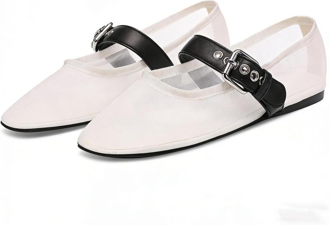 VOLEECE Mesh Ballet Flats for Women Buckle Strap Round Toe Mary Jane Flats Slip On Comfortable Casual Dress Ballerina Shoes, 8.5