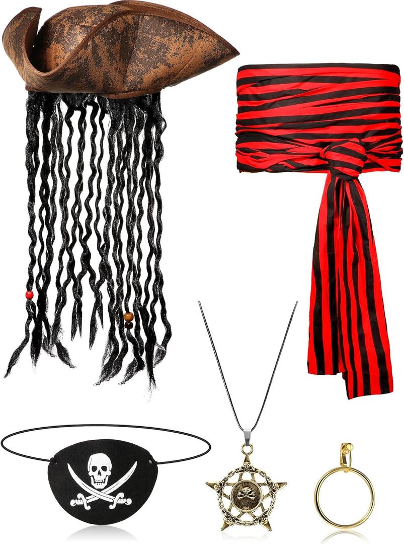 5 Pieces Halloween Pirate Costume Set, Pirate Hat with Dreadlocks Earrings Skull Necklace Eye Patch Large Sash for Men Women (Red and Black)