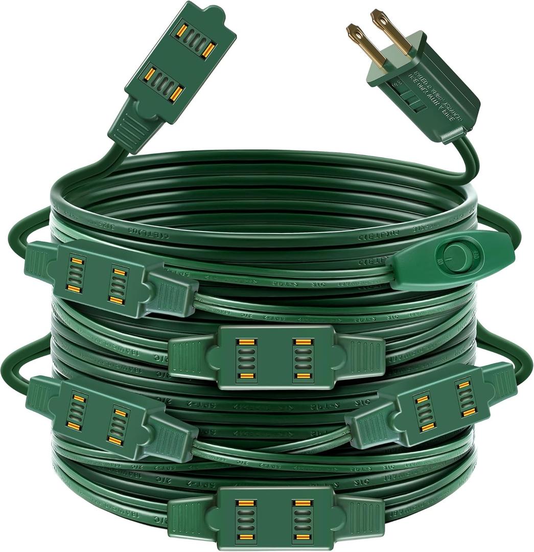 Enhon 1 Pcs 26 Ft 18 Outlet Green Christmas Extension Cord with Outlet and Switch, Xmas Tree Lights Extension Cord with Safety Fuse Male Plug for Home Office Holiday Outdoor Inflatables Decorations