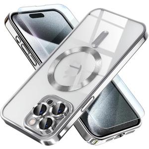 Misea Magnetic for iPhone 15 Pro Max Case with MagSafe [Never Yellowing] [Military Grade Drop Protection] Full Camera Lens Protector Plating Soft Clear Phone Case for Women Girls, Silver
