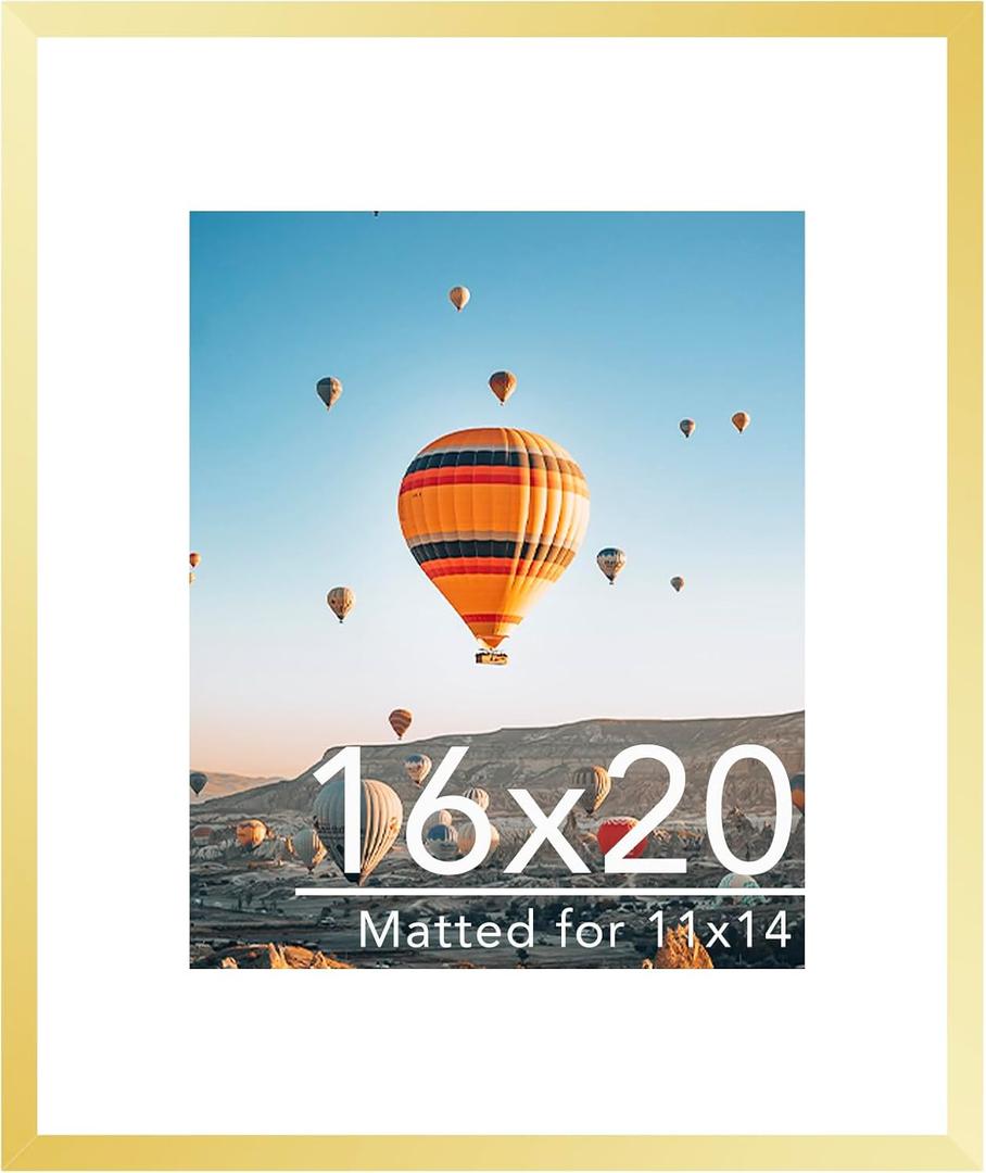 JCJMY 16x20 Picture Frame with 11x14 Mat, Display Photo 11x14 with Mat or 16 x 20 Without Mat, Wall Hanging Large 16 by 20 Poster Frame with Plexiglass, Gold