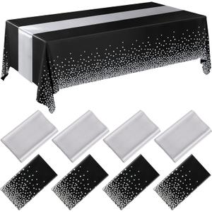 Breling 8 Pack Black and Silver Disposable Plastic Tablecloths and Satin Table Runner Set, 54 x 108 Inch Tablecloth, 12 x 108 Inch Table Runners for Wedding Graduation Birthday Baby Shower New Year