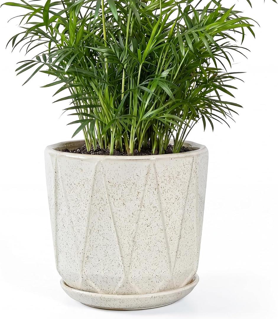 7.8 Inch Ceramic Plant Pot with Drainage Hole Mesh Net, Large Flower Pots for Indoor Plants with Saucer, Gardening Pots Outdoor (Silk White)