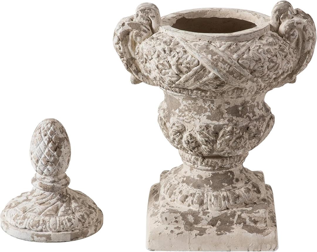 SOFE 28 Inch Tall Large Outdoor Plant Pot, Lidded Garden Planter Urns, Distressed White Planter Pot, Planters for Outdoor Plants, Pedestal Planter, Resin Front Porch Planters