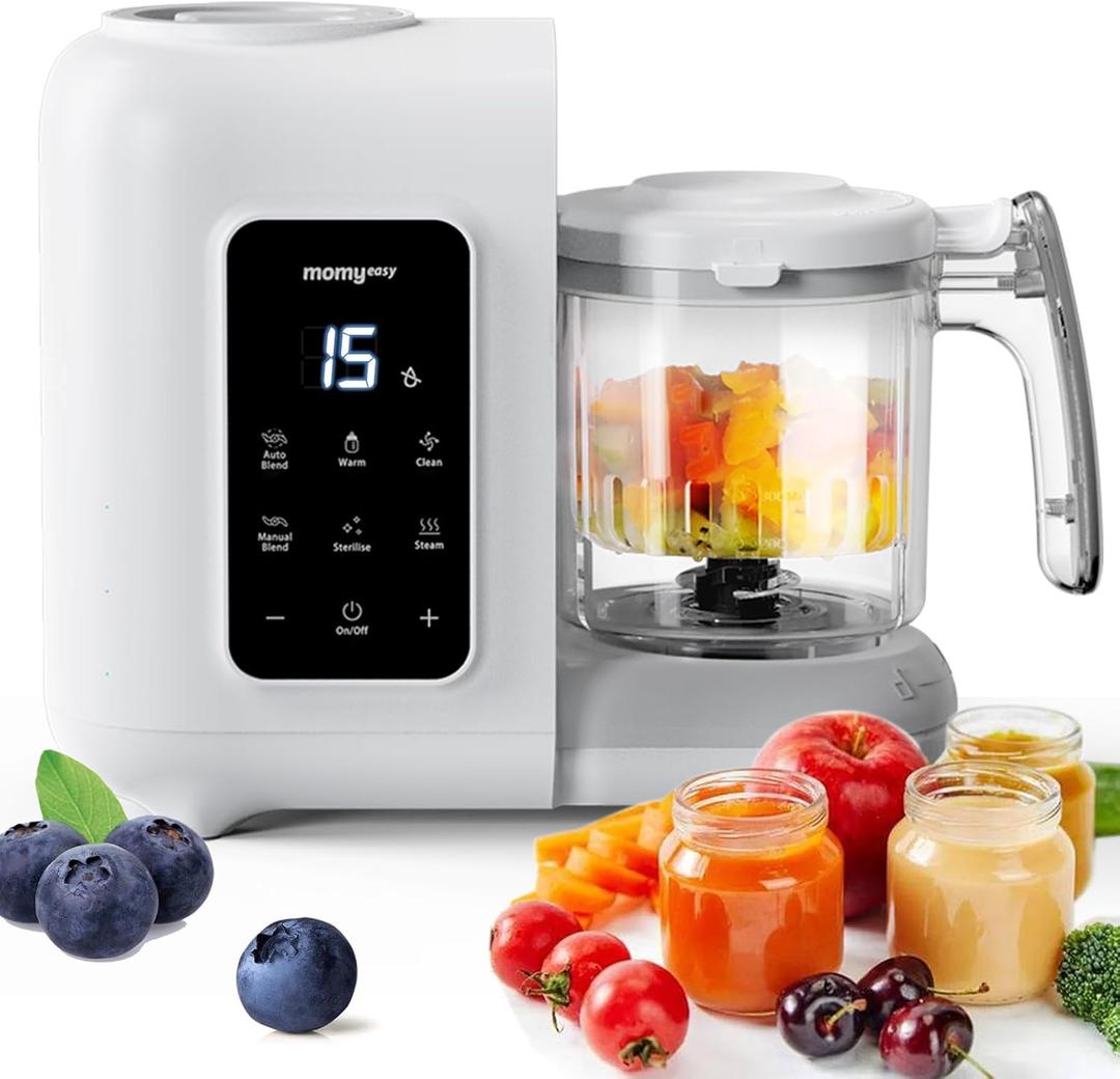 MOMYEASY Baby Food Maker, Baby Food Steamer and Puree Blender, Food Processor Chopper Grinder Steamer in-One, Auto Cooking & Grinding with Touch Control Panel&Self Cleans, BPA-Free (White & Grey)