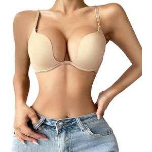 Women's Deep Plunge Multi-Way Convertible Bra Underwire Padded Push Up Bra with Clear Strap (38D, Beige)