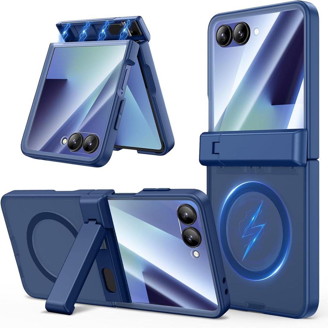 VEGO Case for Galaxy Z Flip 7, Compatible with MagSafe, Hinge Protection Case with Kickstand & Camera Screen Protector, Magnetic Slim Translucent Protective Cover for Samsung Galaxy Z Flip 7 - Blue