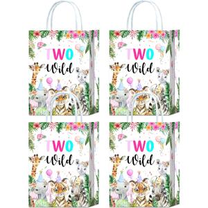 Two Wild Birthday Party Favor Bags - 16 Pcs Goodie Bags for Born to Be Wild Girl's Jungle Safari Decorations, Candy Bags for 2nd Birthday