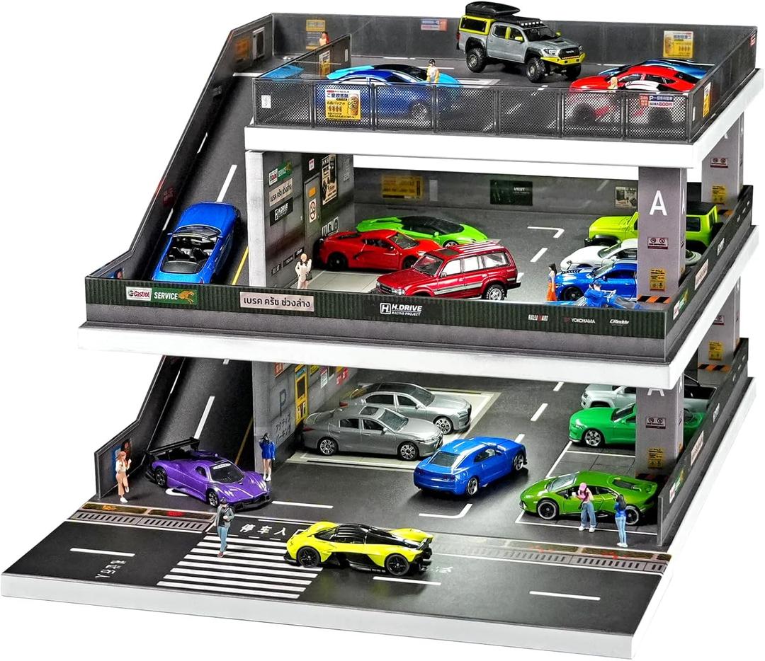 kivcmds Display Case for Hot Wheels & Matchbox,Lighted Ramp Scene Parking Garage Diorama for 1/64 Diecast Model Toy Car Trucks Storage Garage,Maximum Hold 50 Cars (Dark Green)