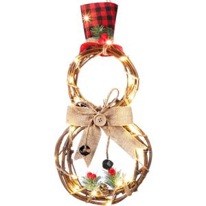 Christmas Lighted Wreath Decoration Snowman Large Christmas Grapevine Wreath with Hat and Bow Xmas Wall Hanging Ornament for Xmas Front Door Home Wall Decor, Battery Operated (16 x 8 Inch)