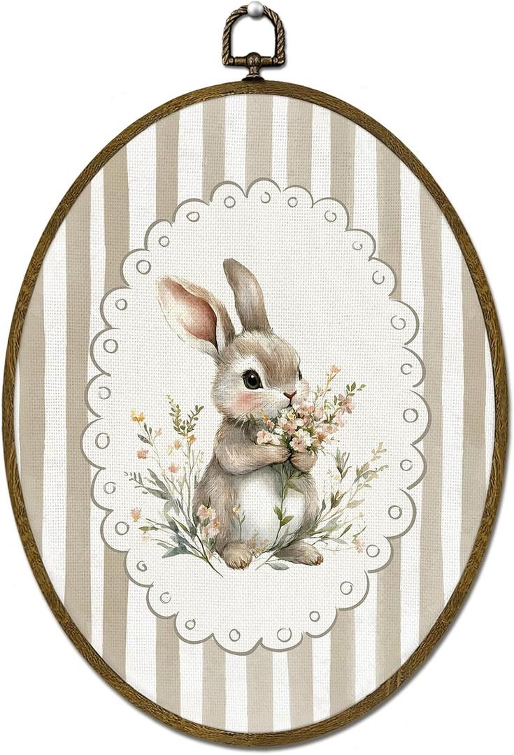 LLOKARNORA Easter Preppy Bunny Rabbit Oval Canvas Wall Art, Bunny Nursery Decor, Coquette Floral Framed Wall Art Decorations, Easter Rabbits Prints Hanging Decor for Bedroom Bathroom, 8.7x11.3