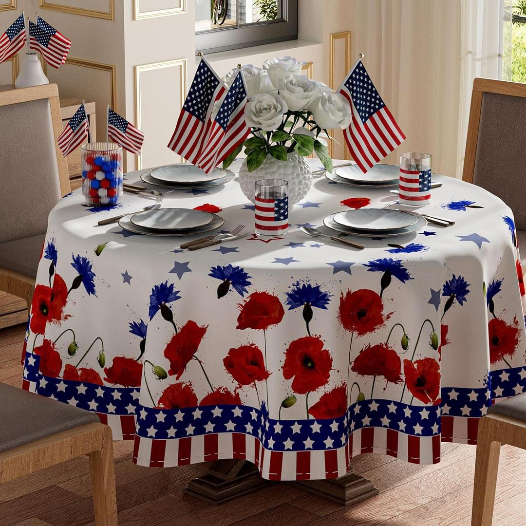 XCHI America Stars Red Blue Flowers Patriotic 4th of July Memorial Day Independence Day Tablecloth Round Washable Table Covers for Home Party Decorations 70x70 Inch