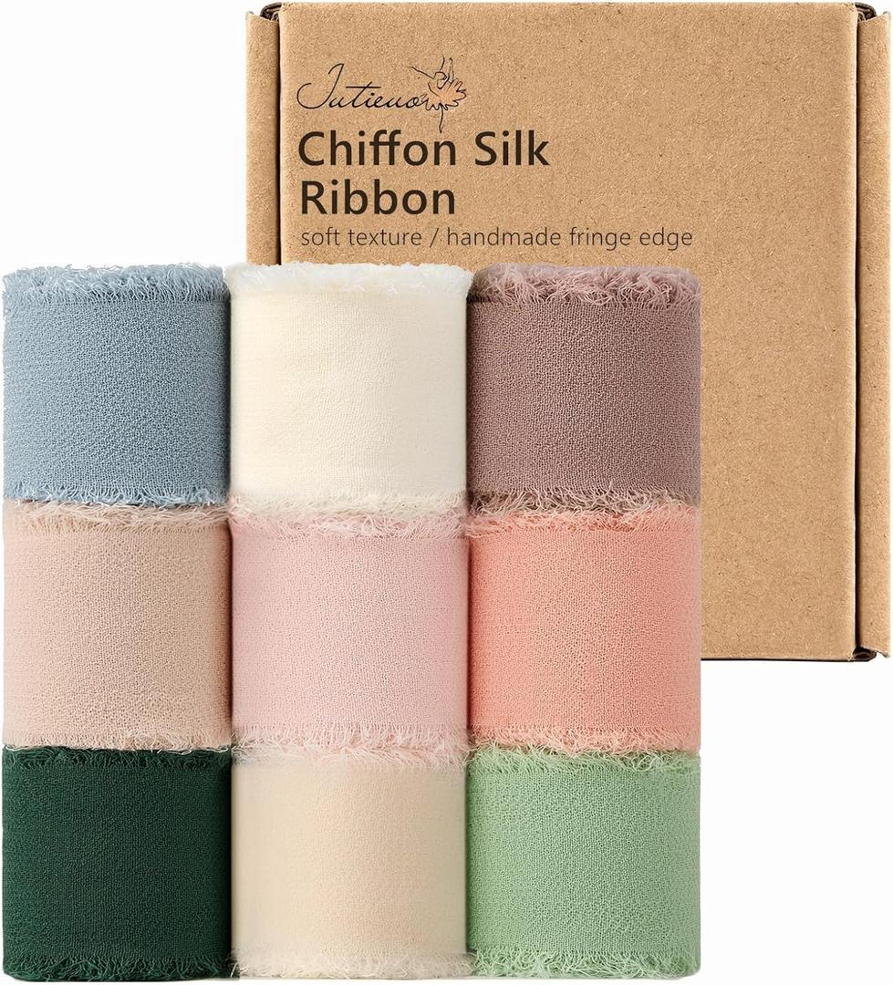 9 Colors Chiffon Ribbon 1'' x 27 Yds Handmade Fringe Chiffon Silk Ribbon for Gift Wrapping Wedding Invitations Bridal Bouquets Crafts Home Decor