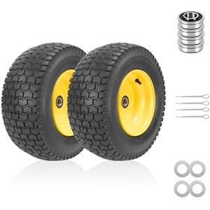 2-Pack 16x6.50-8 Tubeless Front Tires and Wheels, 1-Inch Bearings with Extra 3/4-Inch Bearings, 3" long offset hub, Fits 3/4" and 1" axles, compatible with most John Deere and other riding mowers
