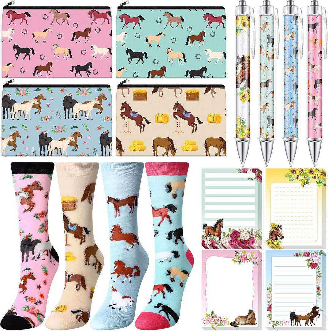 16 Pcs Valentines Horse Gifts for Women Cute Horse 3x4 Sticky Notes Pens Makeup Bags Socks Set for Valentines Animals Lover Gifts Favors Office Supplies