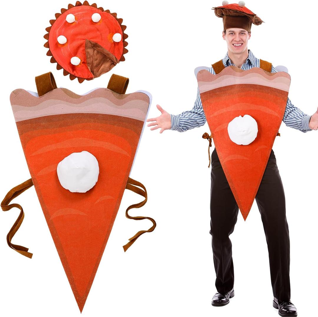 2 Pcs Thanksgiving Pumpkin Pie Fancy Dress Costume with Plush Pumpkin Pie Hat Unisex Cosplay Party Clothes Halloween Outfit for Funny Food Cosplay Party