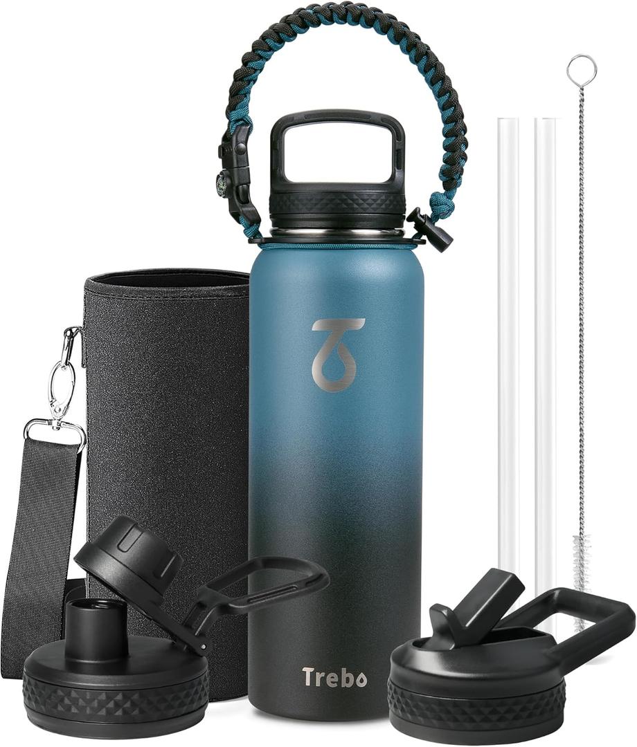 Trebo Water Bottle Insulated 40oz with Paracord Handle, Vacuum Triple Wall Stainless Steel Water Jug, 48hr Cold Retention, Leakproof BPA-Free Flask With 3 Lids Fits in Car Cup Holder, Indigo/Black