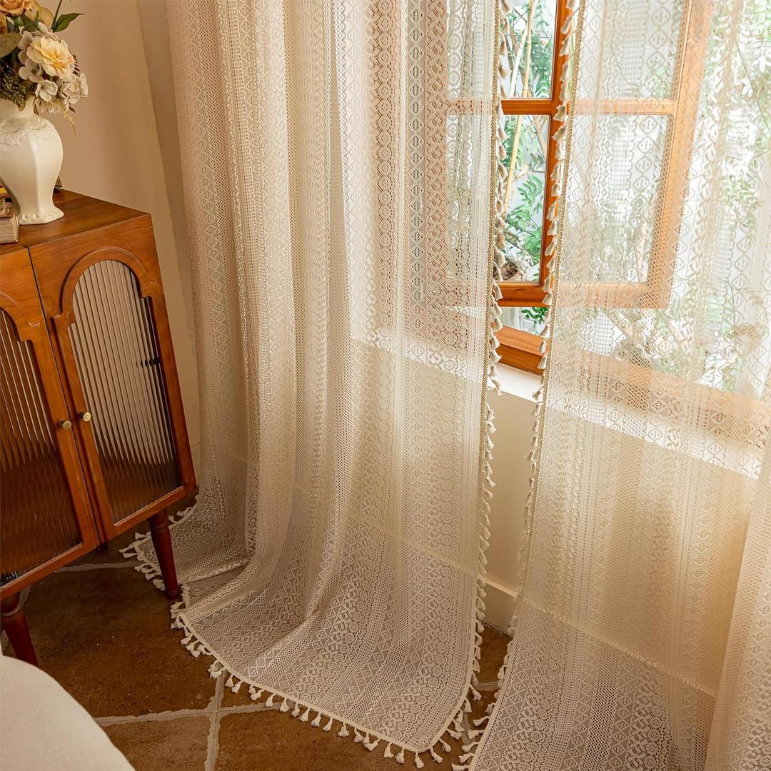 Sutuo Home Beige Boho Lace Curtains 96 inches Long for Living Room Dining Room,Sheer Window Curtains Farmhouse Privacy Crochet Vintage Tassels Rustic Victorian Style Rod Pocket Decor, 2 Panels 50" W