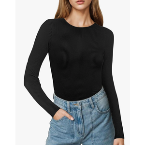 Buauty Women's Long Sleeve Crewneck Sweater 2025 Fall Ribbed Knit Fitted Shirts Slim Solid Pullovers Basic Casual Tee Tops, Black, Large