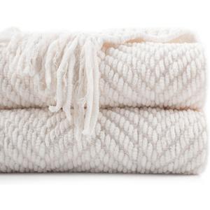 BATTILO HOME Cream Throw Blanket for Couch, Textured Knitted Throw Blanket with Tassels, Couch Cover Blanket Warm Decorative White Throw Blankets for Sofa Living Room, 60" x 80"