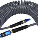 Heavy Duty Polyurethane Recoil Air Hose 1/4 in x 25 ft, Lightweight, Flexible Compressor Hose with Universal Quick Coupler, Plug and Bend Restrictors, Gray