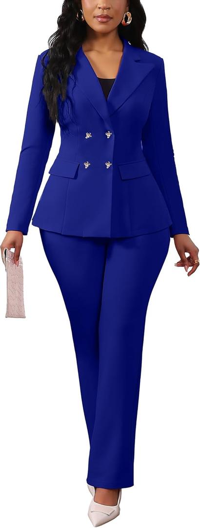 Ophestin Pant Suits for Women Dressy Business Casual Outfits Long Sleeve Blazer Jacket Wide Leg Pant Sets Work Office Suits (X-Large, Royal Blue)