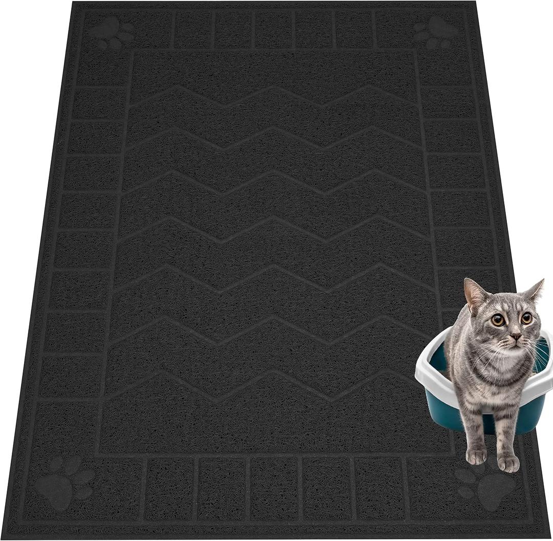 Cat Litter Mat, Litter Trapping Mat Soft on Kitty Paws, 47" x 35" Kitten Litter Box Mat for Cleaner Floors, Waterproof, Easy Clean, Durable XL Large Size Cat Litter Pad for Kitten. (Black)