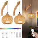 Frideko Boho Rechargeable Battery Operated Wall Sconces Set of Two with Remote, RGB 15 Colors Dimmable Wireless Wall Light, Bamboo Indoor Wall Lamp with 3 Timer, Rattan Wall Lighting for Bedroom