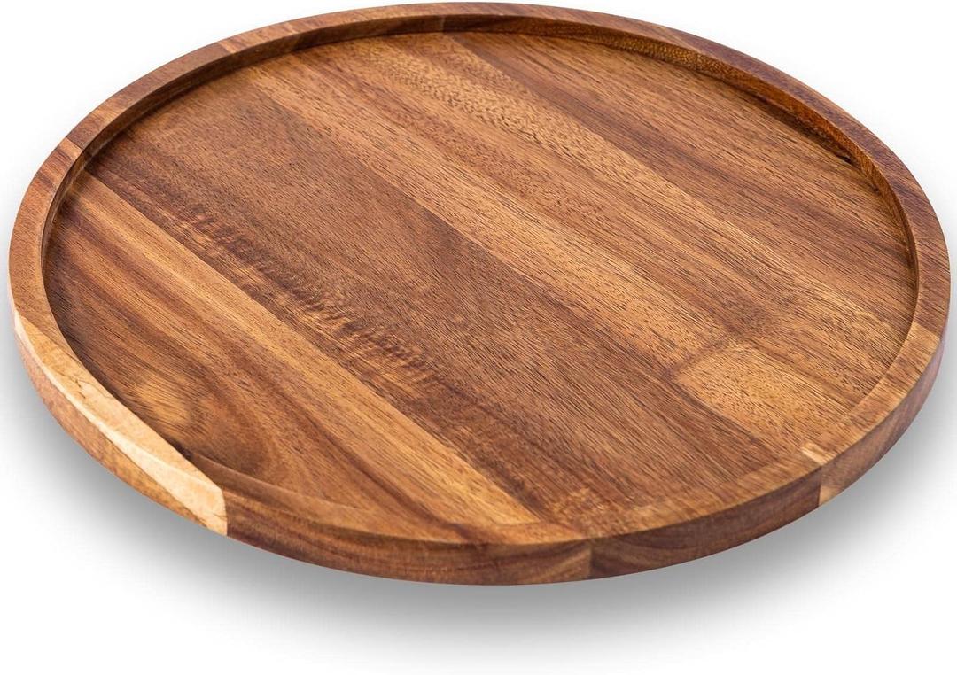Round Acacia Wood Serving Tray Platter for Coffee Table Home Decor, 13.8 Inch Decorative Candle Holder Tray Appetizer Charcuterie Board Tray Organizer for Kitchen/Countertop