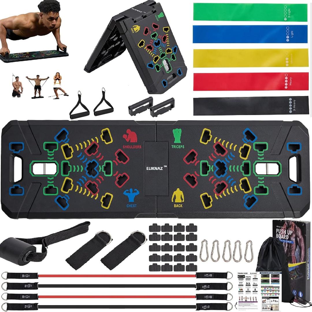 Portable Push Up Board Gym Kit 25-in-1, Foldable Push Up Station & Exercise Board Workout Set with 18 Accessories, Resistance Bands & Handles, Ankle Straps for Men, Women & Teens