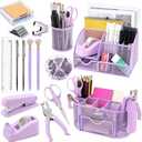 17 in 1 Purple Desk Organizers and Accessories Set, 3 Office Desk Supplies Storage Organization, 4 Pens, Stapler, Staples & Remover, Tape & Dispenser, Scissors, Ruler, Clips, Hole Punch Back to School