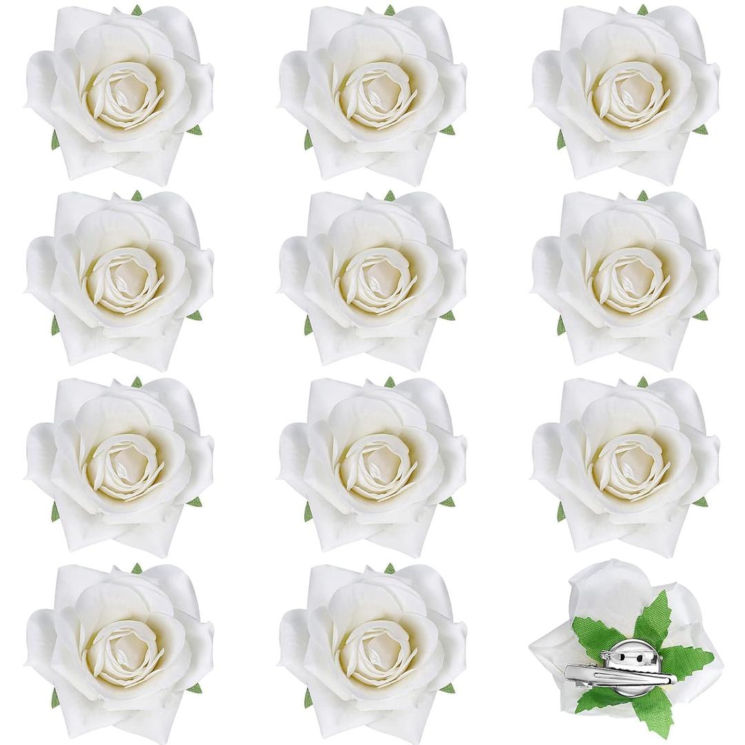 12 Pack Rose Hair Clip Flower 2.8'' Hairpin Floral Brooch Floral Hairclips Mexican Flowers Hairpin Party Supplies for Women Rose Hair Accessories Wedding Pack(White)