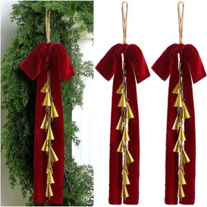 Moxweyeni 2 Sets Christmas Cow Bells with Velvet Bow 18.5 Inch Vintage Bells with Jute Hanging Rope Rustic Gold Ornaments for Wreath Teardrop Swags Wall Door Decoration(Conical)