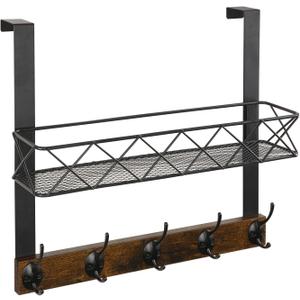 YINMIT Over The Door Hooks Organizer with Basket, Over The Door Towel Rack with 5 Metal Hooks, Door Hangers for Clothing, Over Door Hanger for Bathroom, Bedroom, Kitchen (2 Tier-A Style)