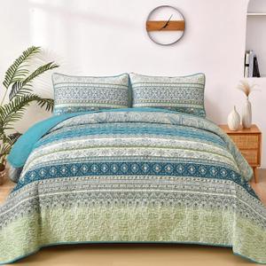 WONGS BEDDING Boho Quilt Set Queen Size Aqua, 3 Pieces Striped Bedspread Coverlet Set, Bohemian Soft Lightweight Microfiber for All Season(96"90")