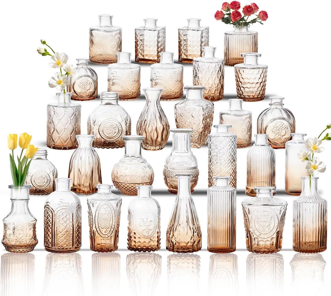 Glass Bud Vase Set of 30, Small Flower Vases, Glass Vases for Centerpieces, Vintage Home Table Decorations Bud Vases (30 Pcs, Amber)