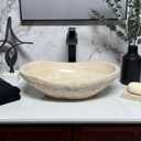 Oval Travertine Vessel Sink Natural Stone Wash Basin, Hand-Carved Bathroom Sink with Chiseled Exterior & Polished Interior, Above Counter Vanity Basin (Includes Matching Soap Tray), 14"Wide x 19.5"Length x 6" Height