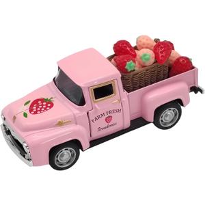 4.9 Mini Vintage Strawberry Pink Metal Farm Truck Decor with Fake Strawberries, Home Kitchen Centerpieces for Tables Farmhouse Pickup Tiered Tray Stand Decorations, Spring & Christmas Desk Display