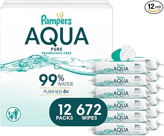 Pampers Baby Wipes Aqua Pure, 99% water-based wipes, Hypoallergenic and Unscented Baby Wipes, 672 Wipes Total (12 Flip-Top Packs)